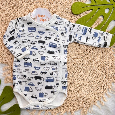 Body Kimono Manga Longa - Carrinhos - Off White e Azul Jeans